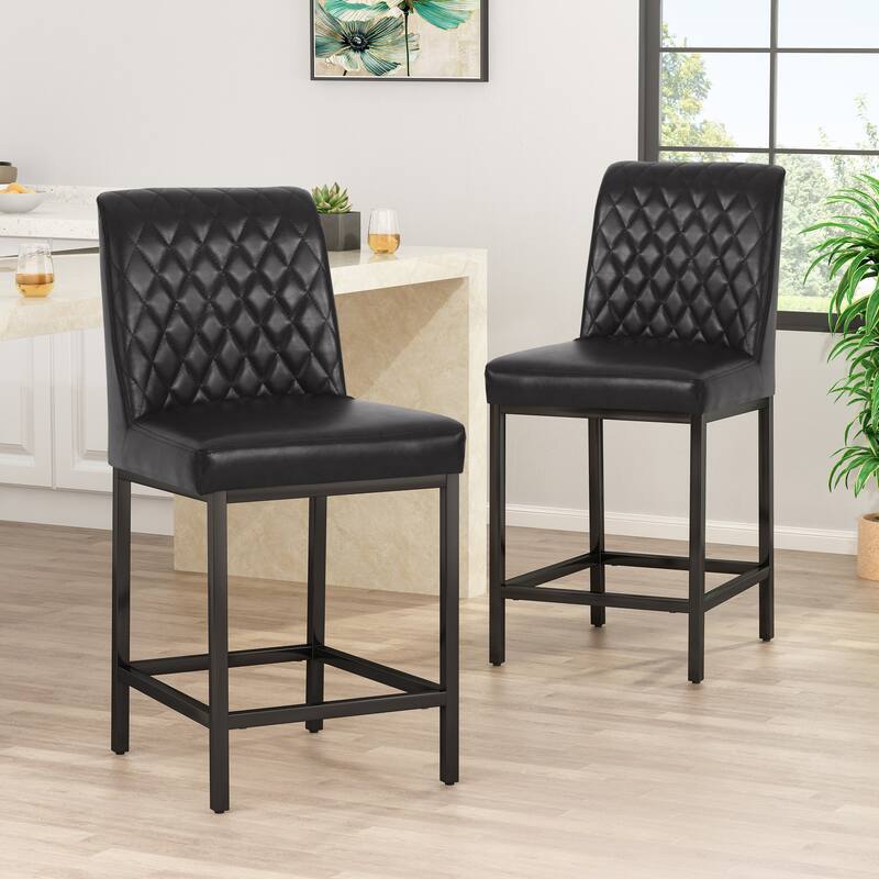 Modern Set of 2 Dining Chairs with Leather Diamond Tufted Back Seat, Metal Legs, Suitable for Bar Counter Dining Room - Black