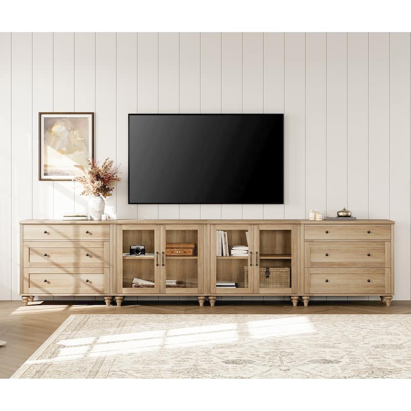 Farmhouse TV Stand with Glass Door, Oak - 6 Drawers and 4 Doors
