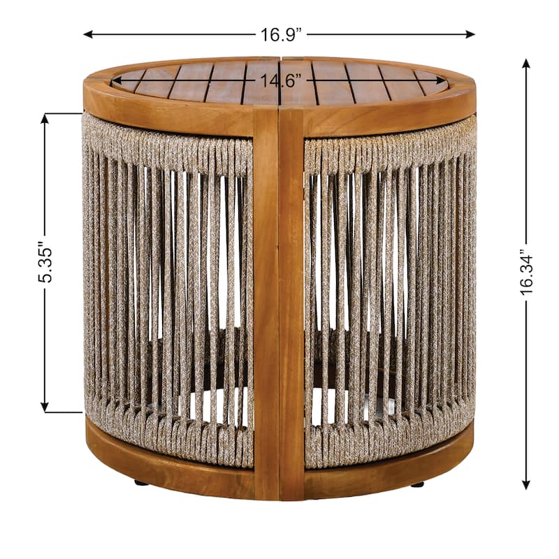 Roomfitters 16.9" Round Acacia Wood Outdoor Side Table, Handwoven Rope Accent Patio End Table, Teak
