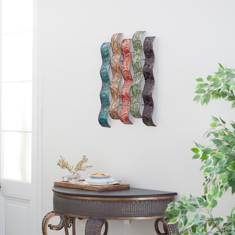 Multi Colored Metal 5 Wavy Panels Abstract Home Wall Decor with Embossed Details - Multi Colored