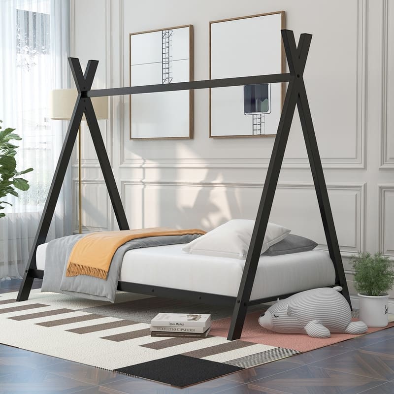 Twin Size Metal Floor Play Tent Bed House Bed with Slat for Kids - Black