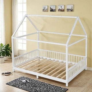 Wood Full Size House Bed with Guardrail and LED