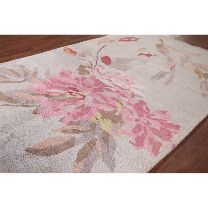 Handmade Abstract Indian Area Rug Oriental Beige Wool & Silk Carpet - 5'5"x 8'5"