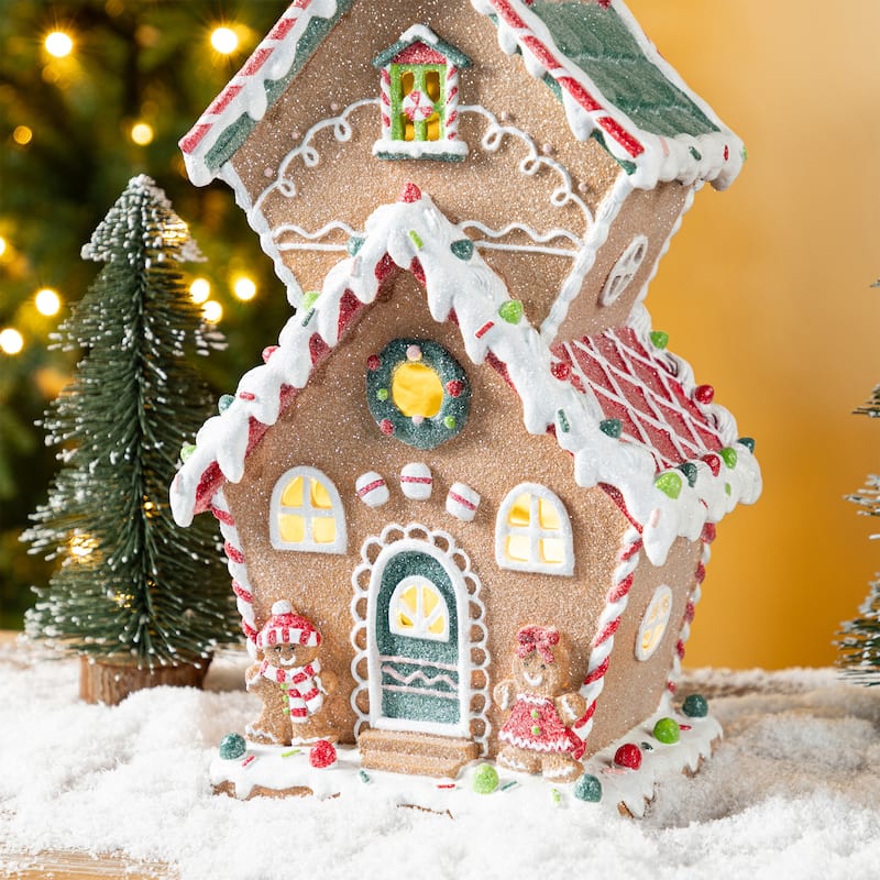 Glitzhome Lighted Christmas Gingerbread House Resin Village Xmas Table Decor Collectible Figurines