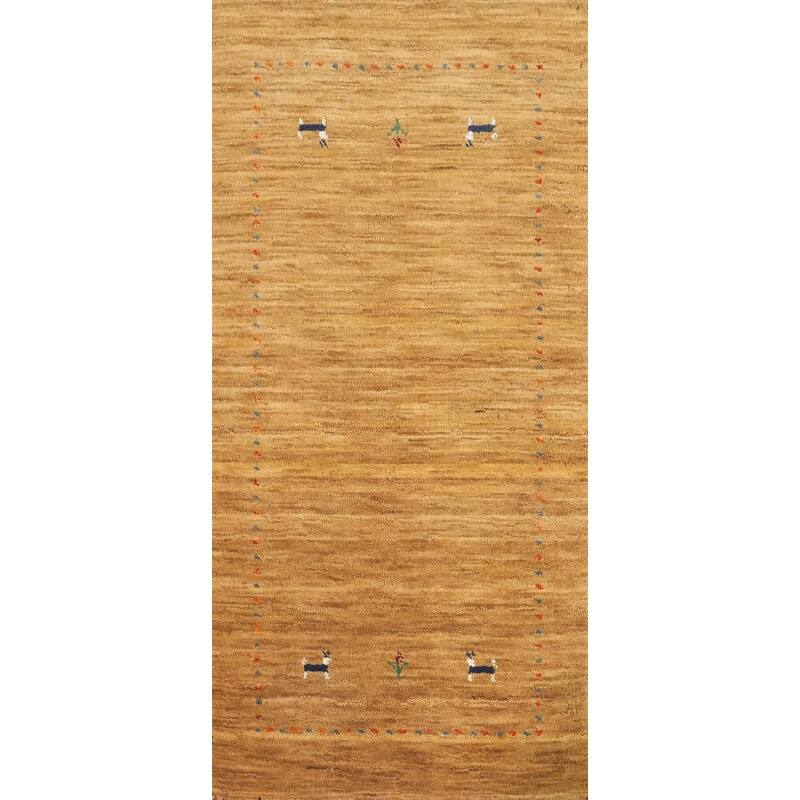 Hand Knotted Oriental 100% Wool Carpet Tribal Animal Pictorial Yellow & Gold Gabbeh Area Rug - 4' 0'' X 2' 0''
