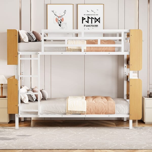 slide 2 of 10, Metal Twin Over Twin Bunk Bed with Ladder, Guardrail and Storage Space White