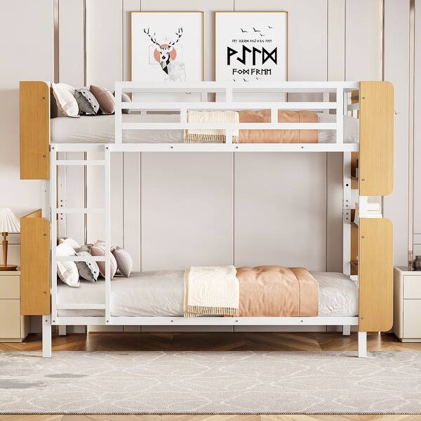 slide 2 of 14, Twin Over Twin Size Metal Bunk Bed with Ladder and Full-Length Guardrail, Storage Space, No Box Spring Needed White