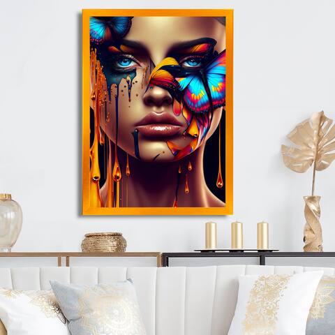 Designart "Sensual Woman With Colorful Butterfly II" Contemporary Glam Framed Art Print
