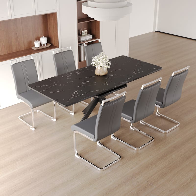Modern Dining Set with Rectangular Extendable Large Table & C-shaped Tube Soft Padded Armless Chairs