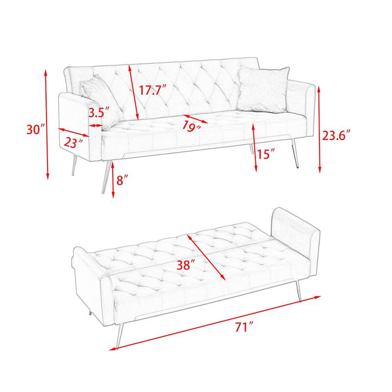 71” Velvet Couch Folding Tufted Sofa Bed for Living Room and Bedroom