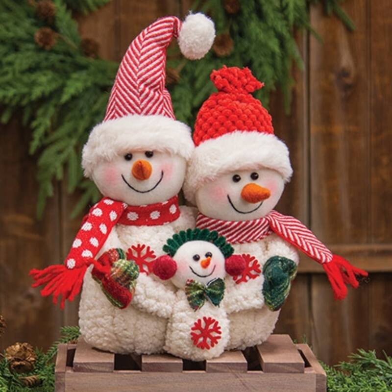 Freestanding Holiday Snowman Family Figurine 2 Parents 1 Baby with Festive Knit Design - N/A