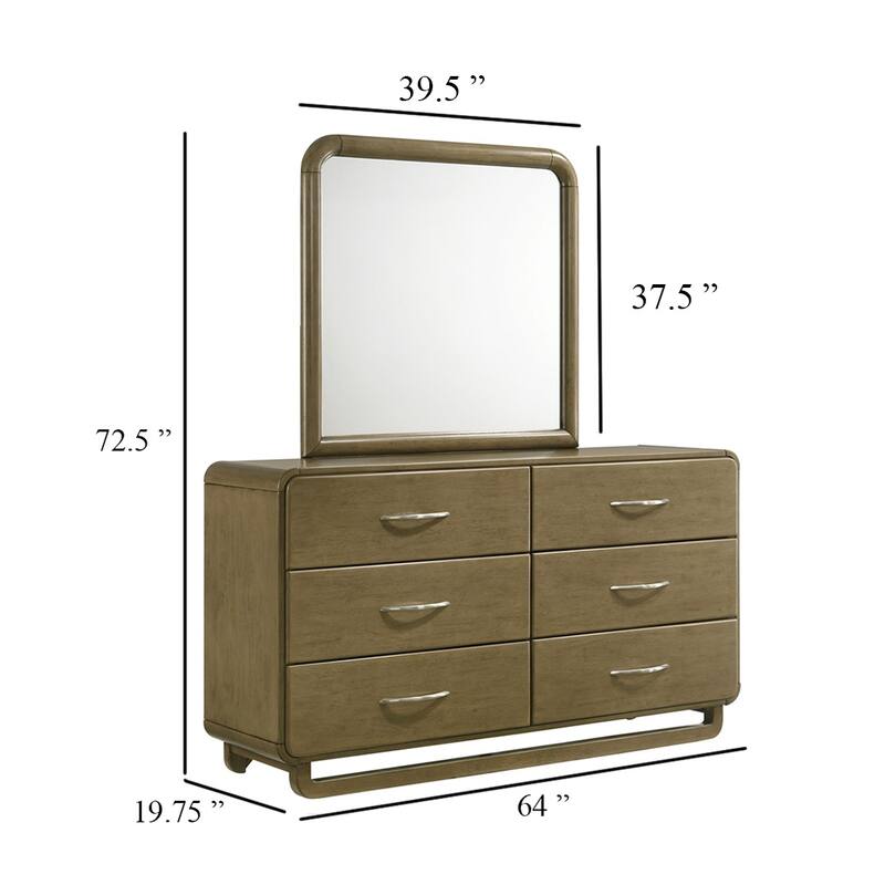 Deon Wide Dresser with Mirror, 6 Drawers, Brown Wood, Matte Nickel