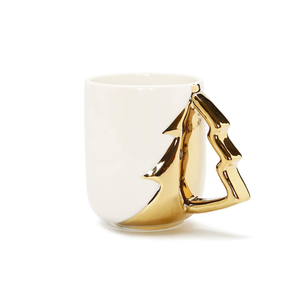 White Coffee Mug With Gold Christmas Tree Handle, 19 oz