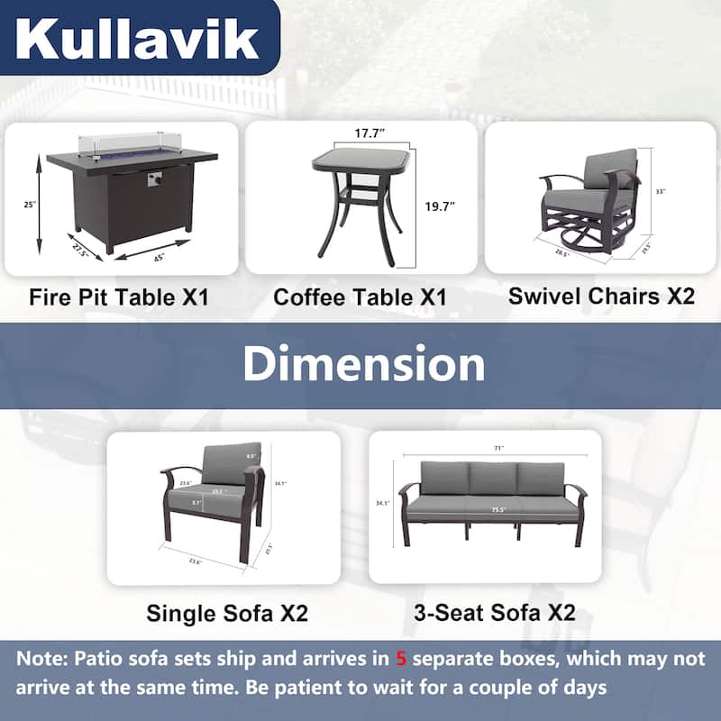 Kullavik Aluminum Outdoor Patio Furniture with Curved Armrests & Firepit Table