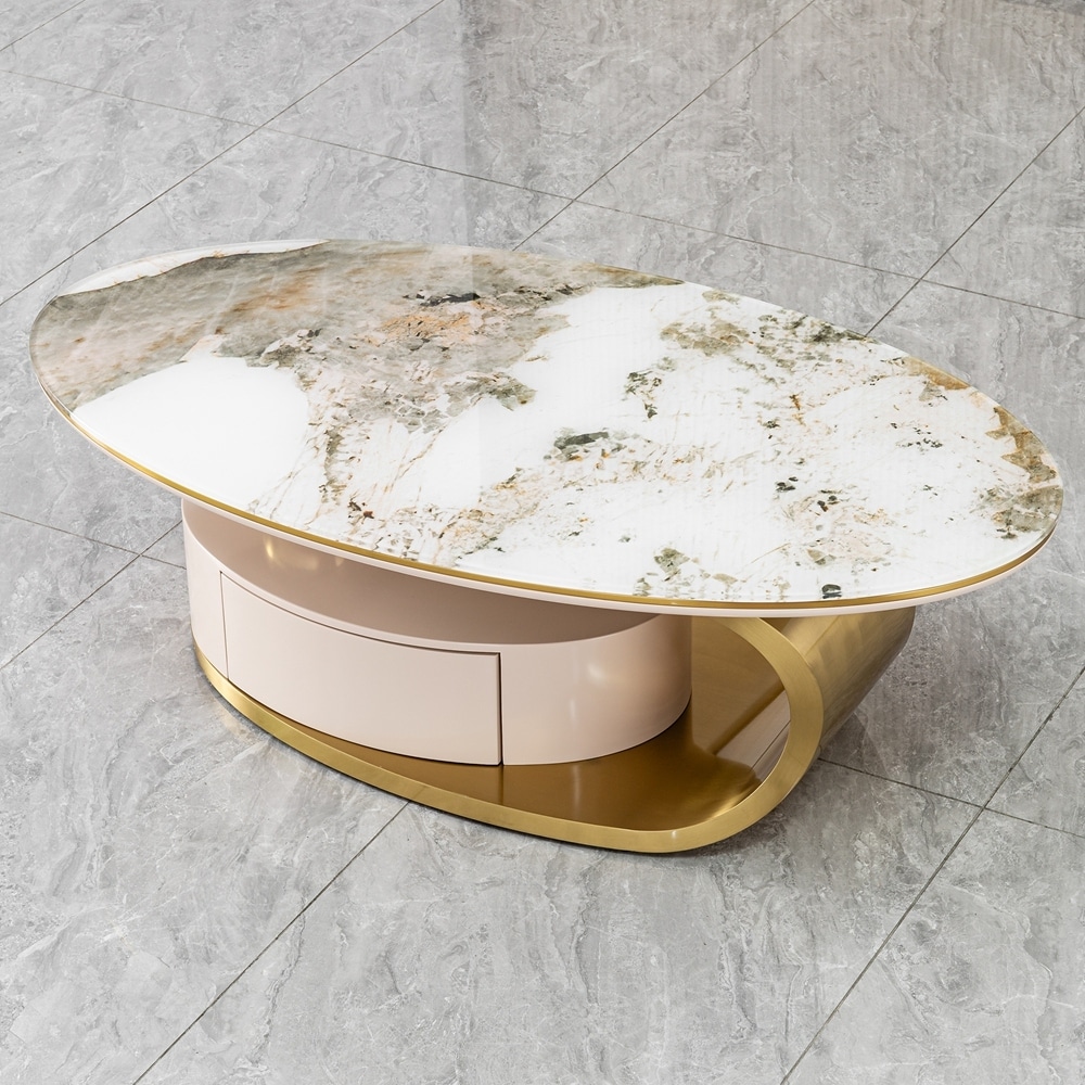 Print Glass Top Oval Coffee Table with Drawer and Stainless Steel Frame