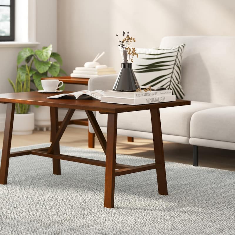 Farmhouse Style Trestle Base Solid Wood Coffee Table