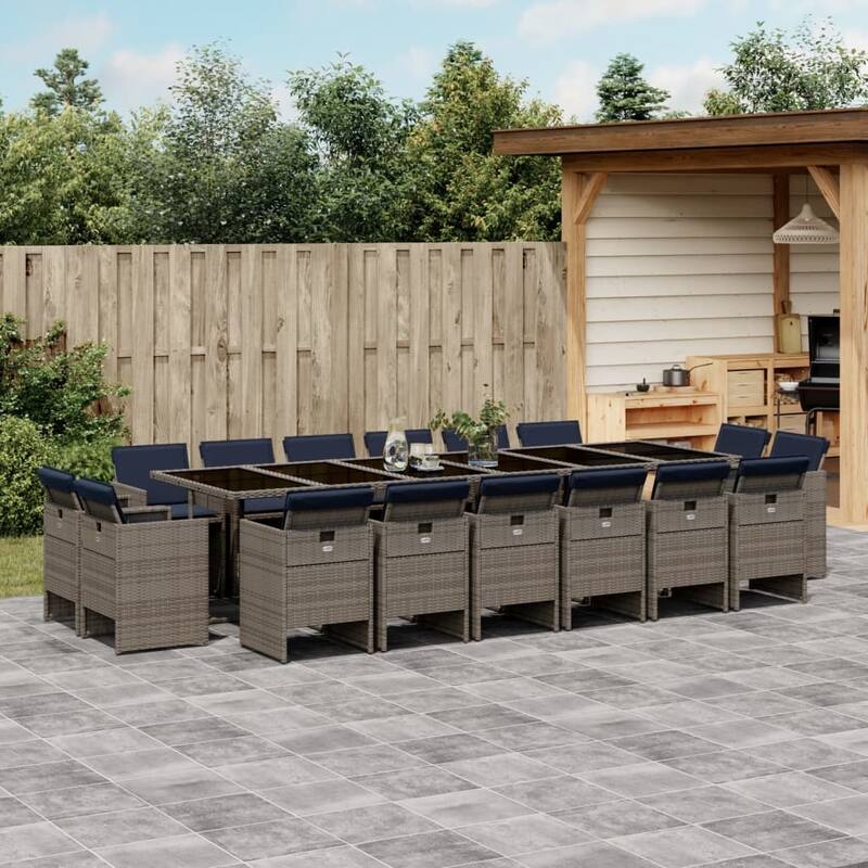 vidaXL 13/15/17 Piece Patio Dining Set with Cushions Gray Poly Rattan - Gray and black - wood top