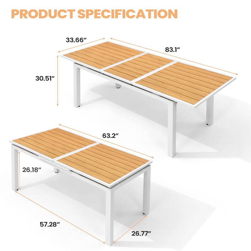 VredHom Outdoor Aluminum Dining Table 6-Person Patio Expandable Table - 83.1" / 63.2" (L) x 33.66" W x 30.51" H