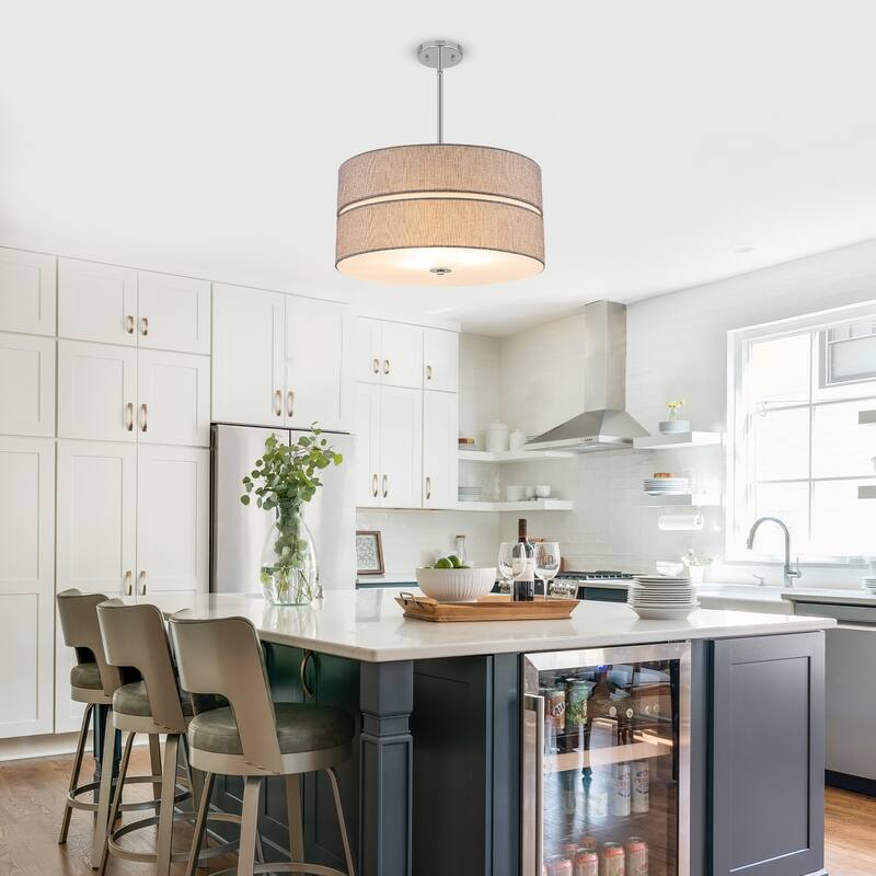 3-Light Chrome Drum Convertible Pendant or Flush Mount Light Fixture - Dia.19.69-in