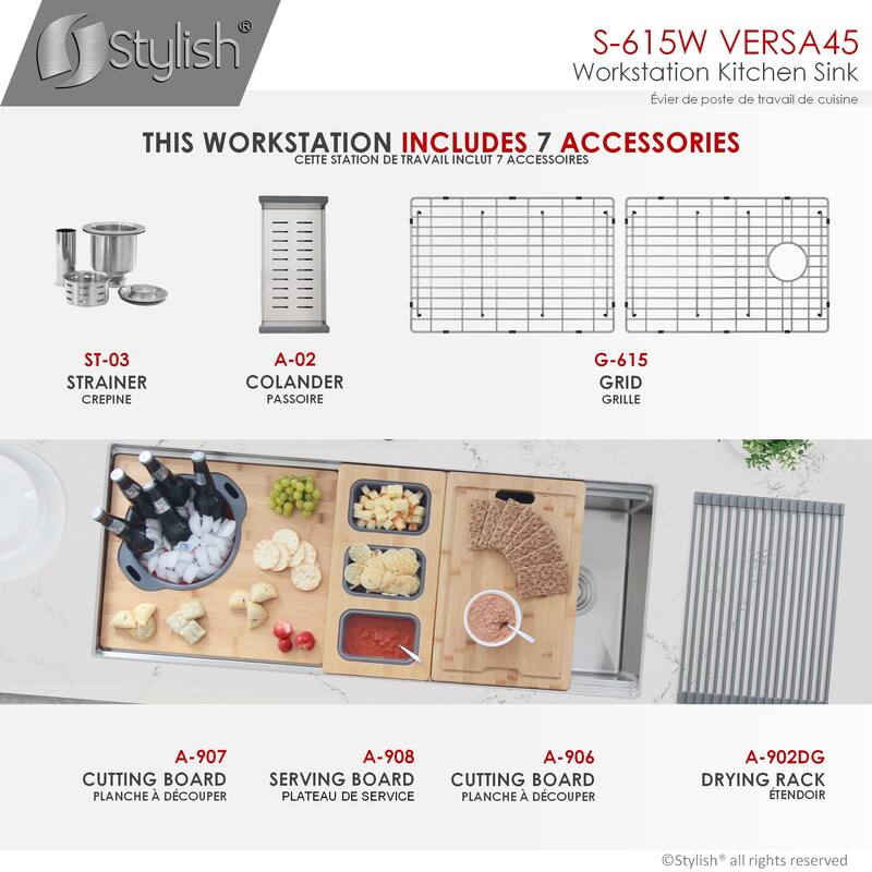 STYLISH 45 inches Ledge Workstation Single Bowl Undermount 16 Gauge Stainless Steel Kitchen Sink with Built in Accessories