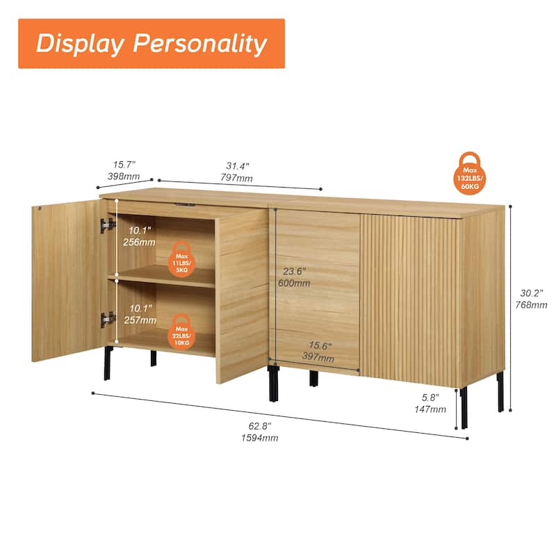 31.5" Wooden Reeded Sideboard With 2 Doors, Modern Credenza Storage Cabinet