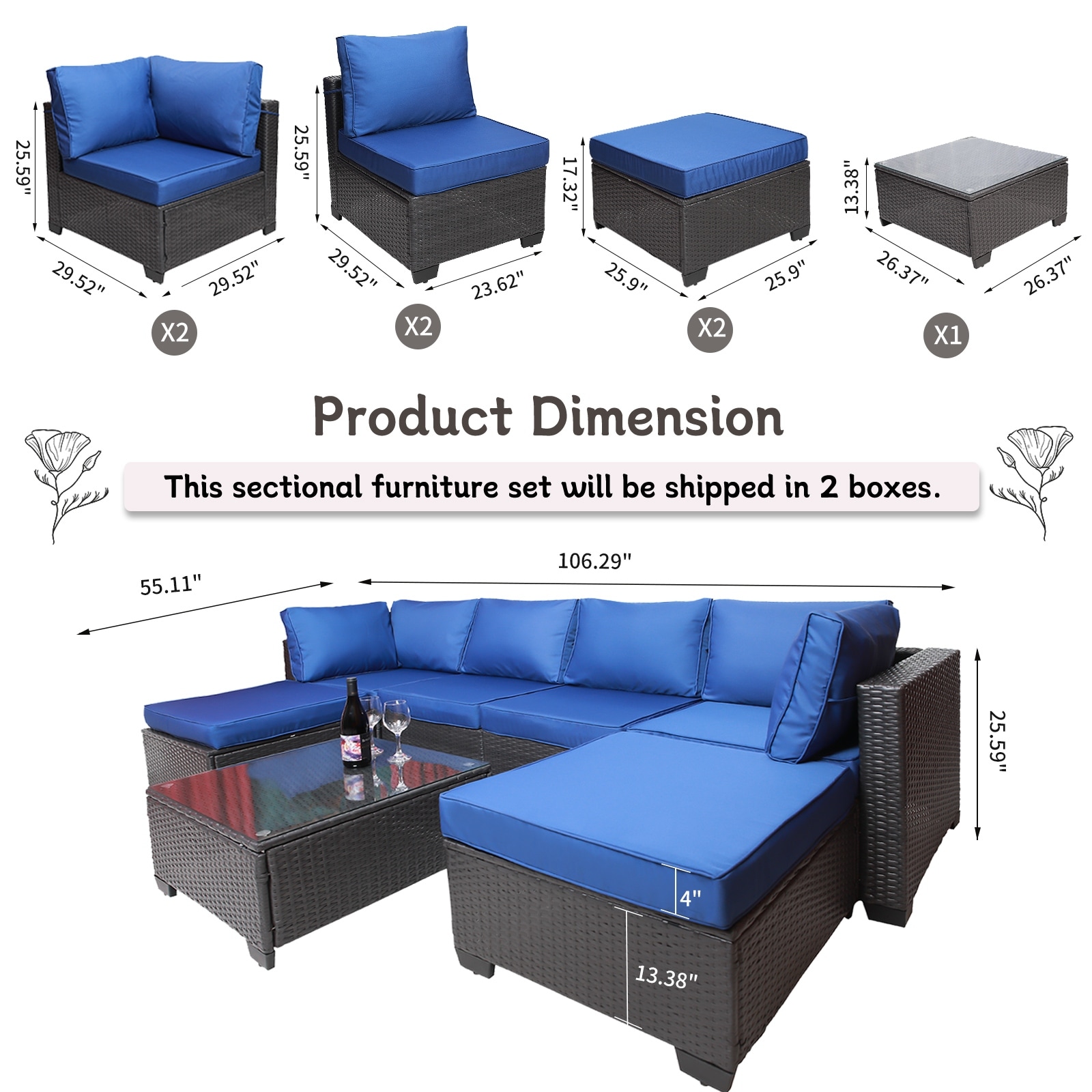 Outdoor Garden Patio Furniture 7-Piece PE Rattan Wicker Cushioned Sofa Sets and Coffee Table