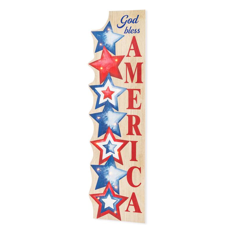 Glitzhome 42"H Lighted Patriotic/ Americana Wooden Stacked Stars Porch Sign with Timer