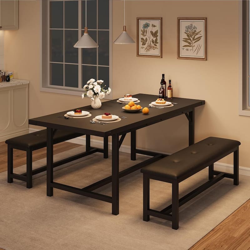Extendable Kitchen Dining Table Set with 2 Upholstered Benche for 4 for Kitchen, Apartment, Studio