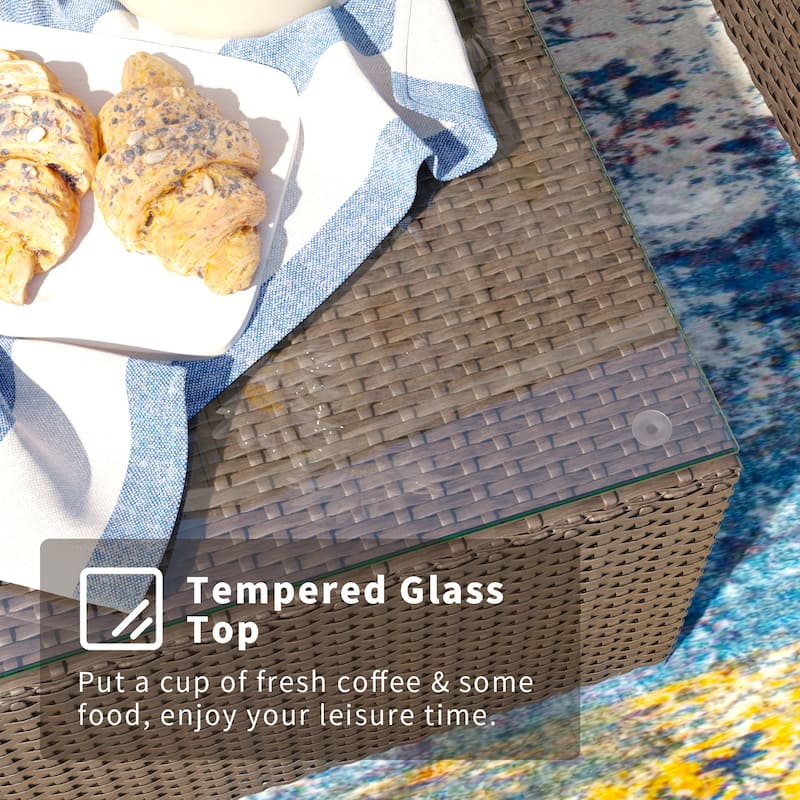 COSIEST Outdoor Furniture Wicker Glass-Top Coffee Table
