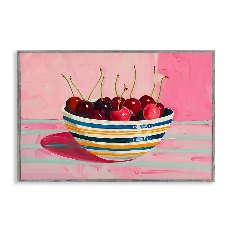 Stupell Bowl of Cherries on Pink Framed Giclee Art Design By Arlington Prints - 18 x 12 - Grey