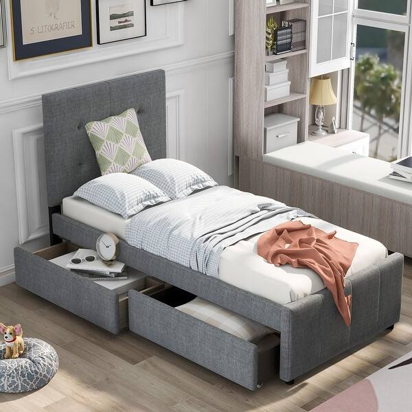 slide 2 of 13, Linen Upholstered Platform Bed With Headboard And Two Drawers, Twin Size