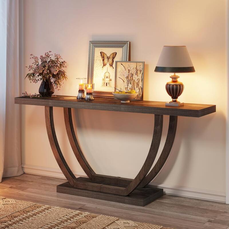63 Inches Skinny Console Table with Geometric Base for Living Room Foyer