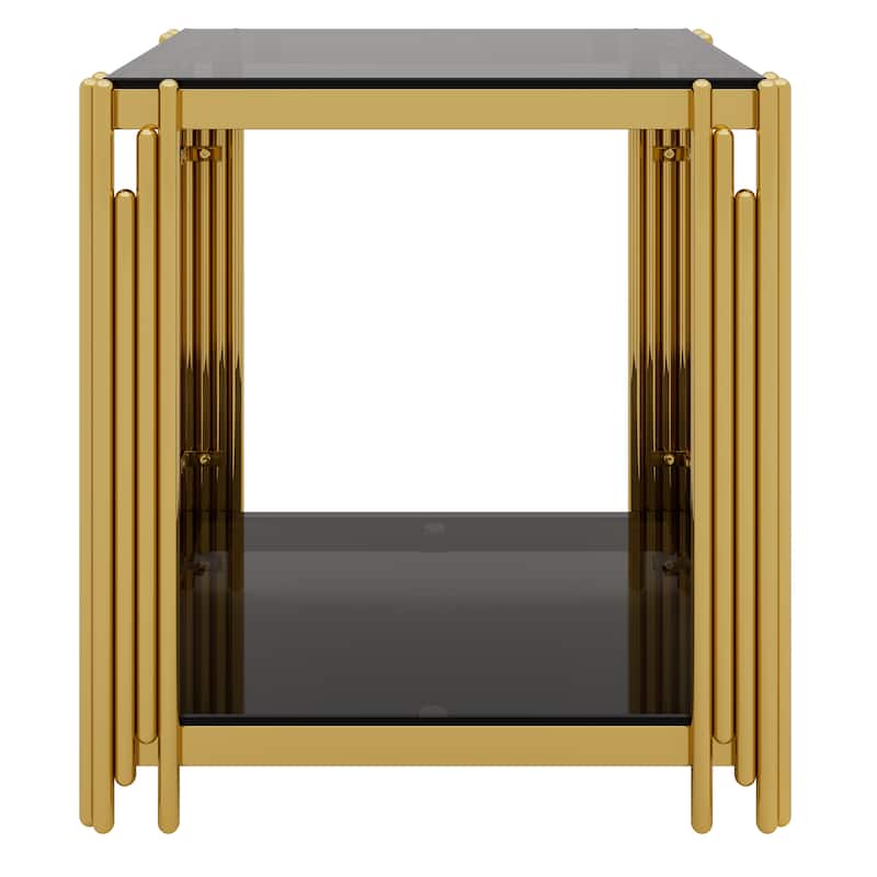 3-Piece Gold & Glass Living Room Table Set with Asymmetrical Metal Frames and Lower Shelves by Harper&Bright Designs