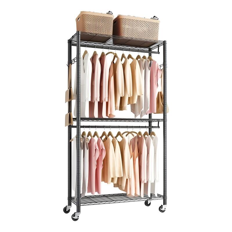 Black Clothes Organizer with 3 Adjustable Shelves and 2 Hanging Rods 8 Hooks for Home or Bedroom - 35.43 x 15.75 x 78.7 in