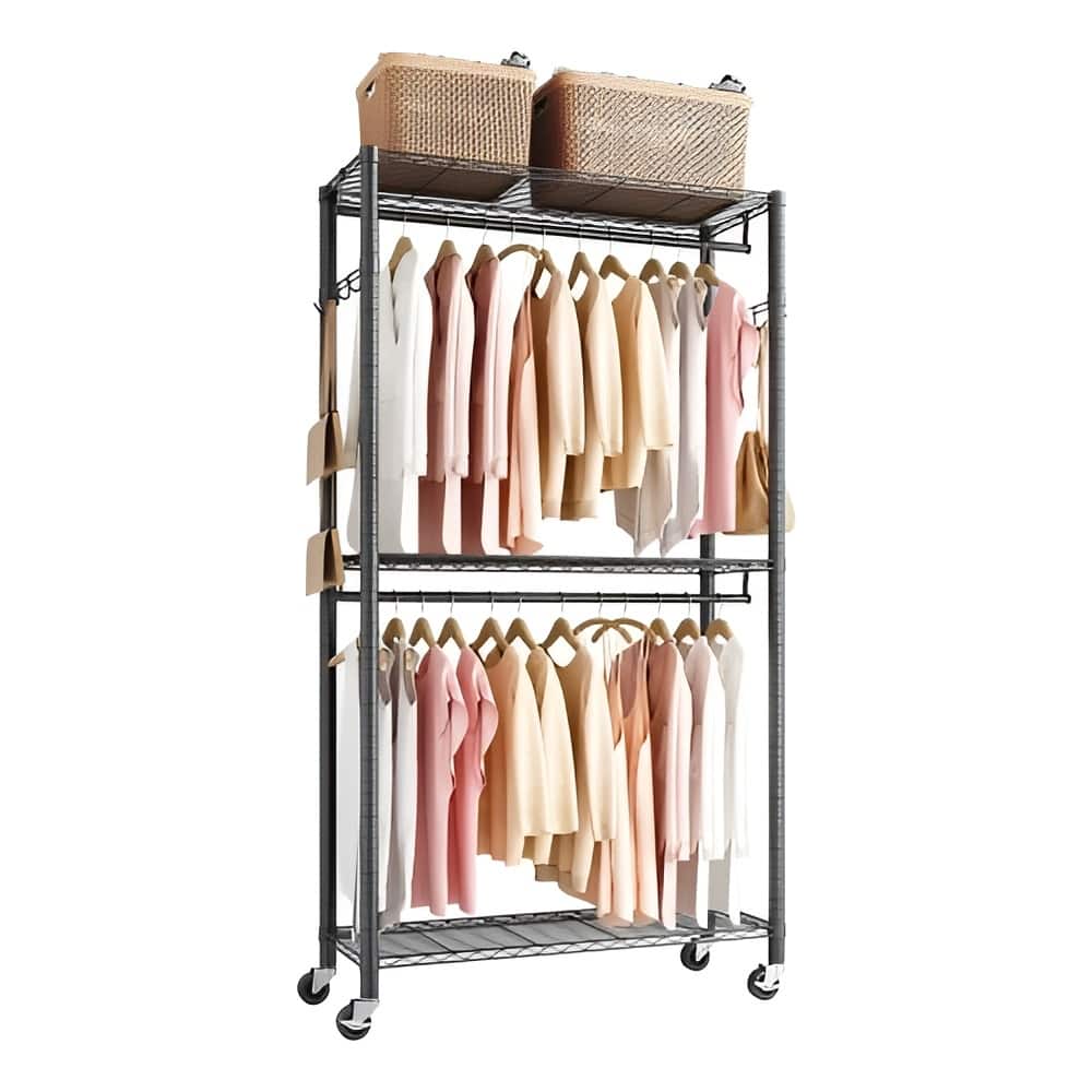 Black Clothes Organizer with 3 Adjustable Shelves and 2 Hanging Rods 8 Hooks for Home or Bedroom - 35.43 x 15.75 x 78.7 in