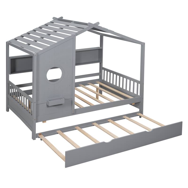 Wooden House Bed With Trundle for Kids