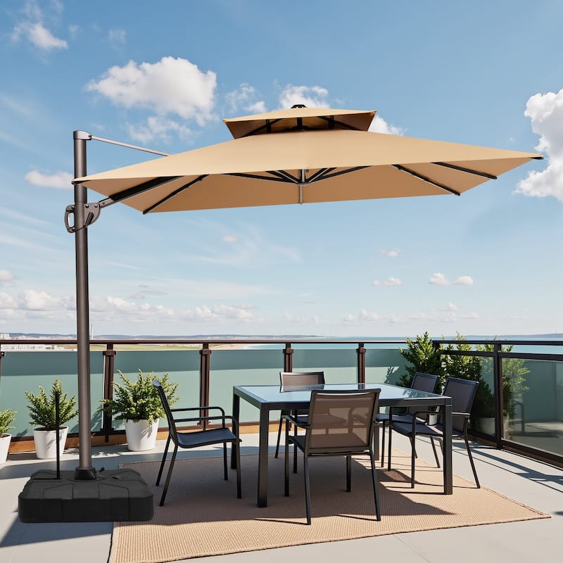 9 x 12 ft Double Top Patio Cantilever Umbrella 360-degree Rotation with Base - Tan
