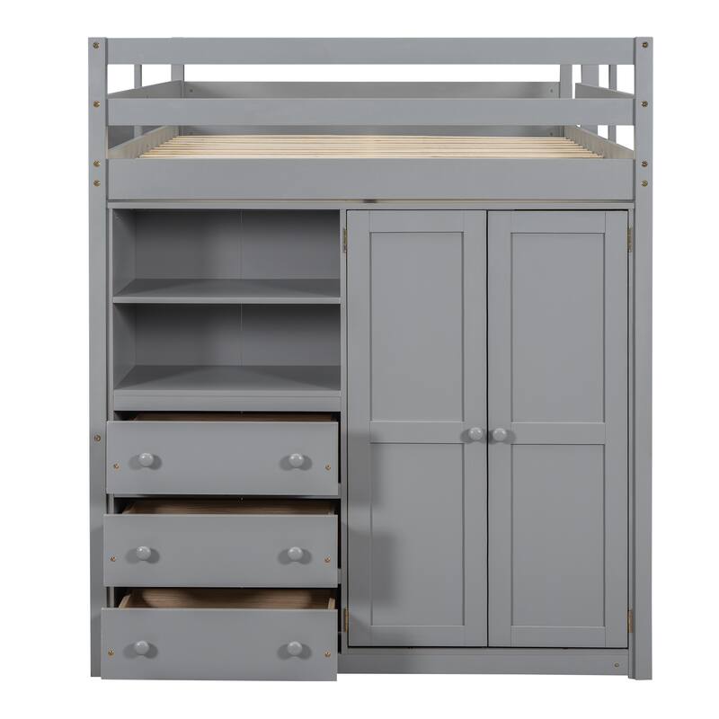 Full Size Loft Bed with Built-in Wardrobe, Desk, Storage Shelves and Drawers, Gray