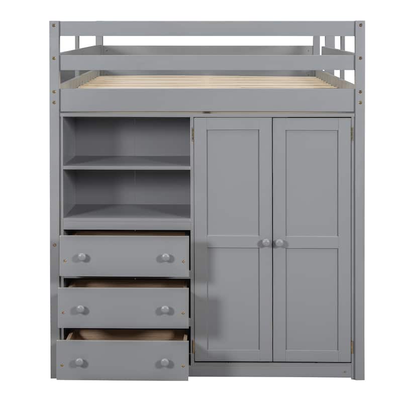 Gray Full Size Solid Wood Loft Bed with Built-in Wardrobe, Desk, Storage Shelves and Drawers