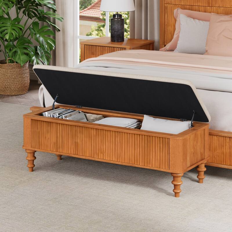 GDFStudio Vaelorian Solid Rubberwood Storage Ottoman Bench with Linen Seat