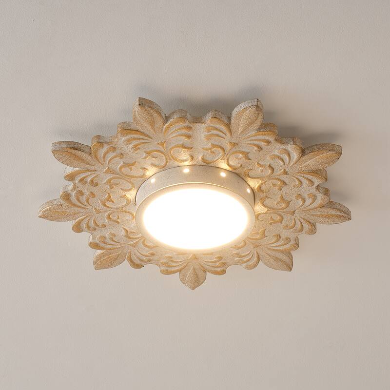 Boho 21.6-Inch Distressed White Wood Flush Mount Ceiling Light, 3CCT Dimmable - 21.6 in. D x 21.6 in. W x 3 in. H