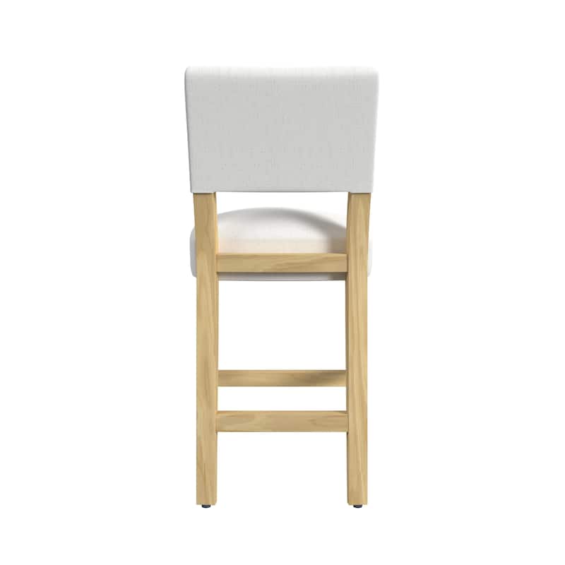 Bowo Counter Stool Chair, White Fabric Seat, Brown Hardwood Legs