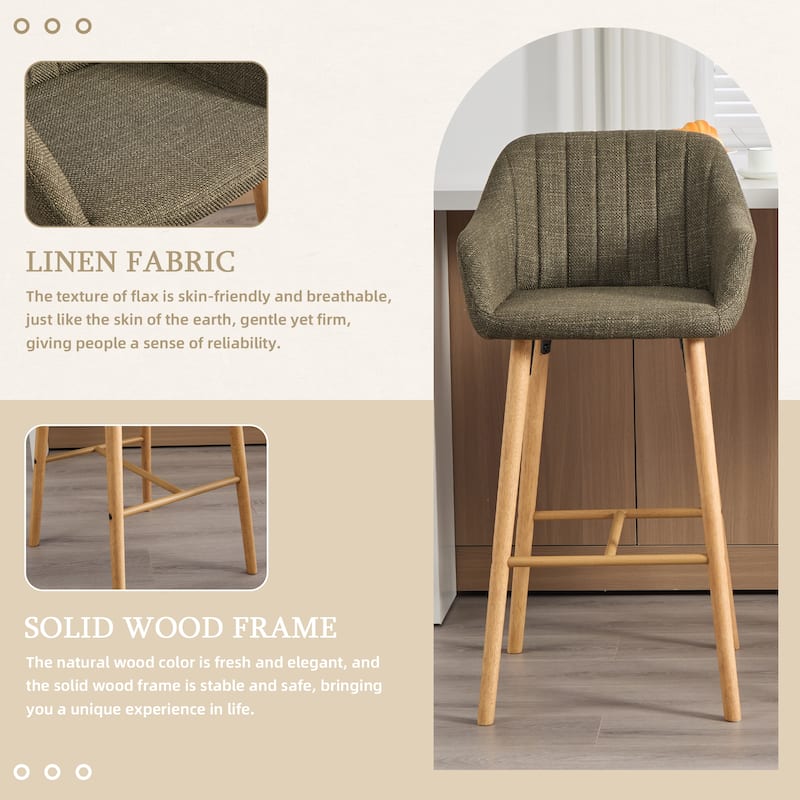 Modern Bar Stools Set of 2, Kitchen Island Tall Chairs with Back, Arm, Footrest and Solid Wood Leg, Upholstered Bar Stools