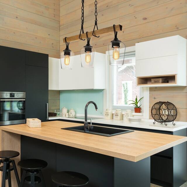 Zarbel Modern Farmhouse Chandelier Rustic 3-light Island Lights Faux Wood Accents with Bottle Glass - L25"x W 5"x H 76"