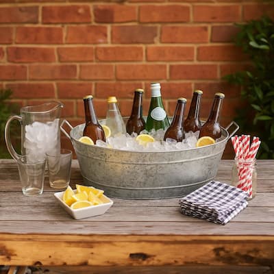 Thea Embossed Design Oval Shape Galvanized Steel Tub with Side Handles, Large, Silver