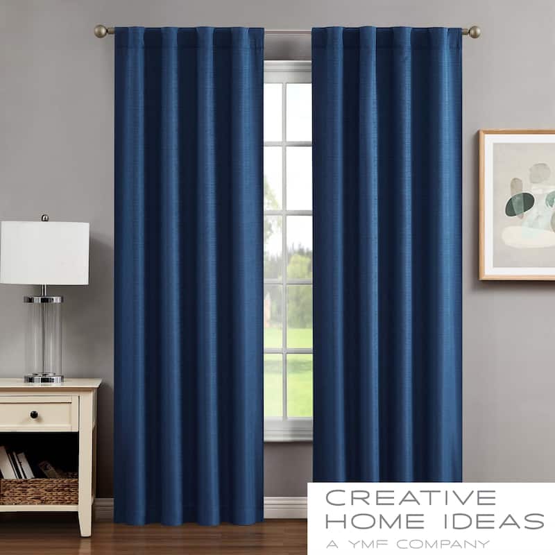 Creative Home Ideas Tobie Blackout Window Curtain, Room Darkening, Thermal Insulated, Back Tab. Set of 2 Panels with 2 Tiebacks - 76 x 84 - Navy