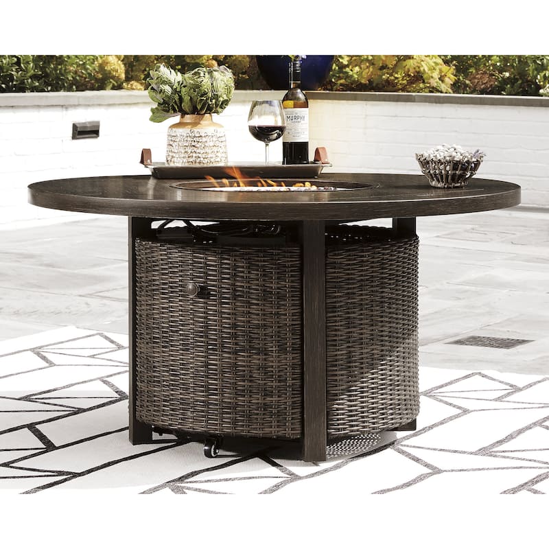 Signature Design by Ashley Paradise Trail Medium Brown/Beige Outdoor Fire Pit Table with 4 Nuvella Swivel Lounge Chairs