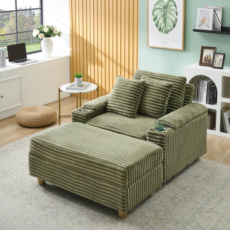 Corduroy Accent Chair & Storage Ottoman Set of 2, Single Sofa Armchair Lounge Chair with Pillows & Cup Holders