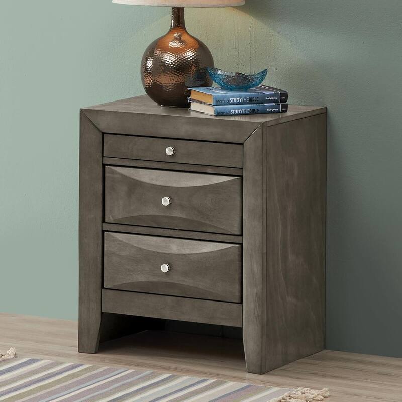Vintage elegant wood nightstand with three storage drawers and metal handles, curved front design, no assembly required - Gray