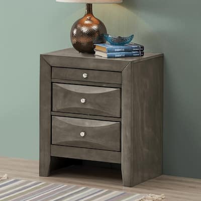 Vintage elegant wood nightstand with three storage drawers and metal handles, curved front design, no assembly required